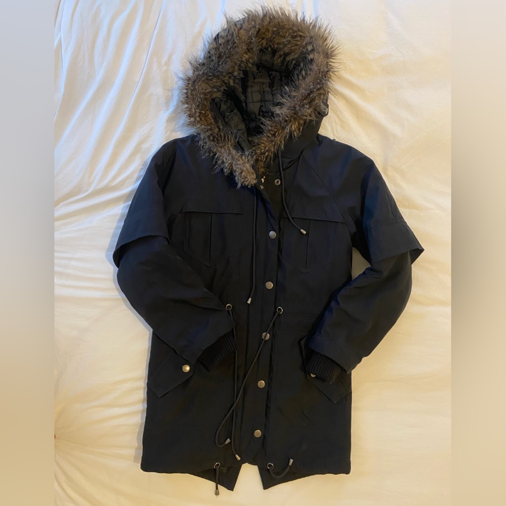 Warm winter coat with fur trim hood